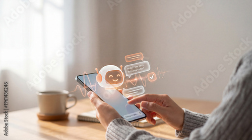 Person interacts with smartphone displaying virtual assistant interface, featuring friendly chatbot icon and speech bubbles. scene is set in cozy room with warm ambiance