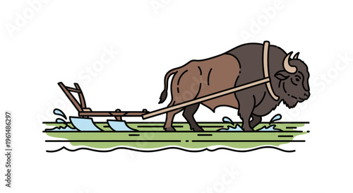 Brown bison pulling a wooden sled.