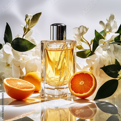 Natural orange essential oil in a glass bottle with slices of orange and leaves