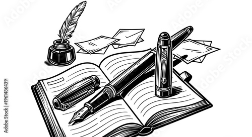 Fountain pen on open book.