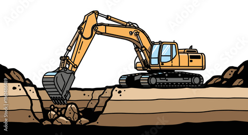 Heavy machinery excavator digging ground.