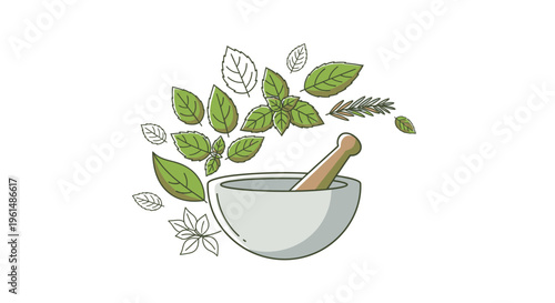 Mortar and pestle with green leaves 1.
