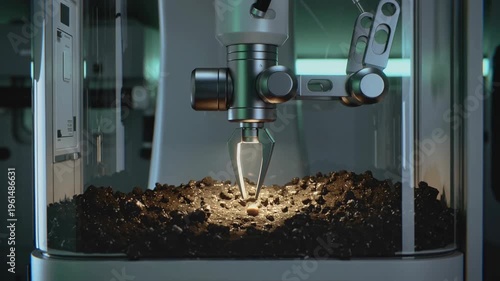A modern coffee bean roasting machine in a dark industrial setting, with a warm glow emanating from within, suggesting a sense of innovation and preci
