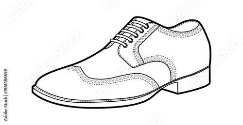 Wingtip brogue oxford mens single shoe line. Perforated leather footwear with classic wingtip detail smart dress style. Technical fashion illustration CAD mockup sketch vector women unisex isolated.
