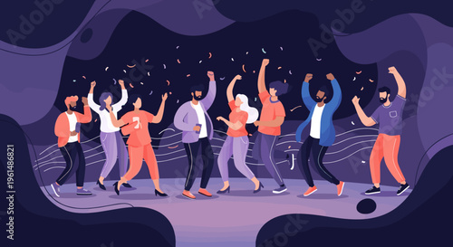 Diverse group of people dancing together.