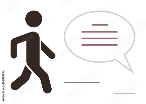 Communication, interaction, messaging, dialogue, social connection, human behavior. A person figure walking with a speech bubble containing text lines. Communication and interaction theme