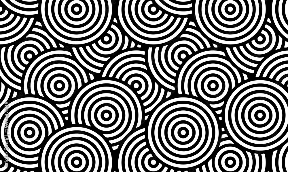 Fototapeta premium Overlapping concentric circles and arc shapes black and white geometric bullseye pattern background. monochrome artistic pattern.