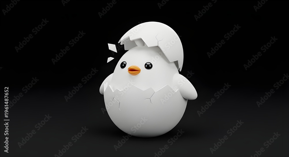 Obraz premium A cute white chick hatches from an egg on a black background