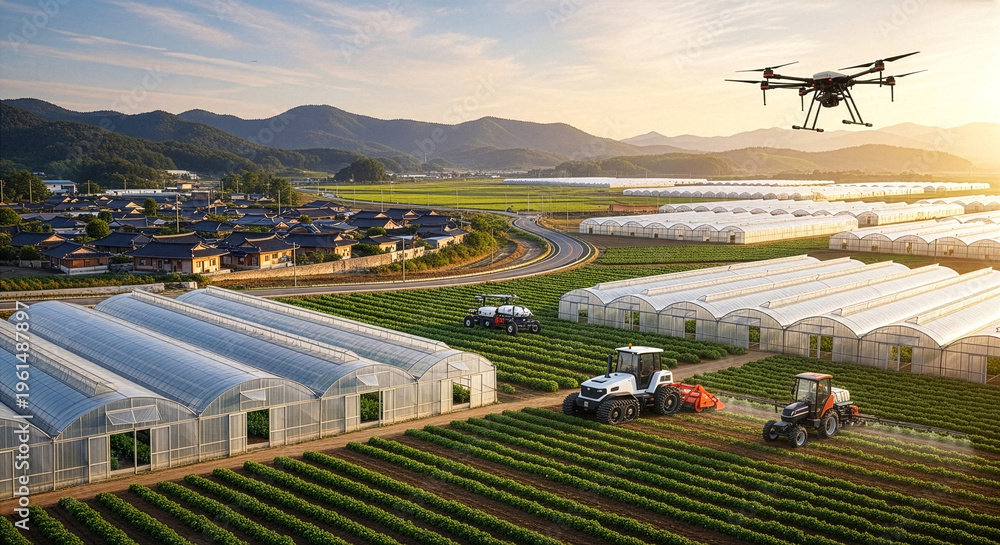 Fototapeta premium Future of farming, agricultural drone and smart machinery in rural Korean landscape with greenhouses