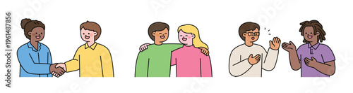 Two friends meet, shake hands, greet each other, put their arms around each other's shoulders, and communicate. Friends of various races. Cute character with a round face. Upper body illustration.