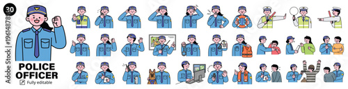 Police Character Bundle Mega Set. Cute character with a round face. Upper body illustration.
