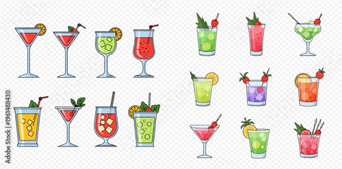Colorful vector illustration set of various cocktails and drinks, perfect for summer menus and bar designs.