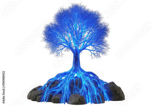 Glowing blue tree with bright roots spreading over dark rocks isolated on transparent background