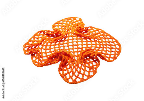 Bright orange knitted net fabric piece with a textured mesh pattern isolated on transparent background