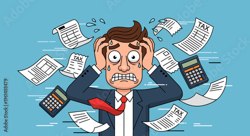 vector illustration of Anxious individual surrounded by paperwork and calculators in a chaotic office setting