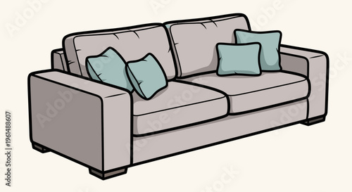 Gray sofa with green pillows.