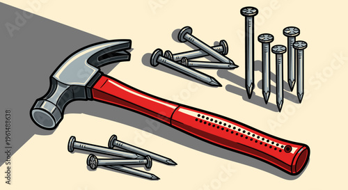 Hammer and nails on a surface.