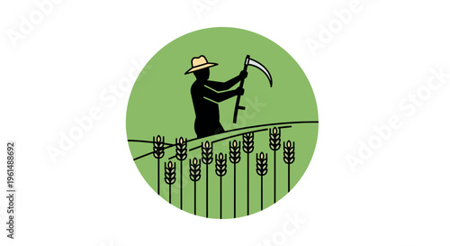 Man in hat holding a scythe.