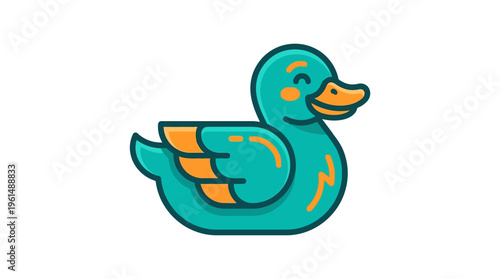 Modern, simplified happy duck illustration with rounded shapes and friendly expression, ideal for children's designs or playful branding.