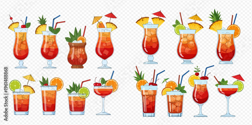 Collection of vibrant tropical cocktails and refreshing summer drinks with various garnishes and ice cubes, perfect for parties and celebrations.