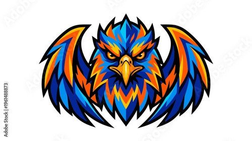 Bold illustration of a fierce hawk or eagle mascot logo with sharp beak and intense eyes, wings spread