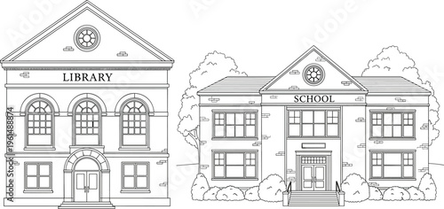 Library and School Building Illustration Set with Educational Architecture in Detailed Line Art Style for Learning, Academic, and Institution Design