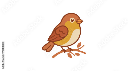 Fotografi Cute cartoon sparrow with soft curves perched on a small branch illustration