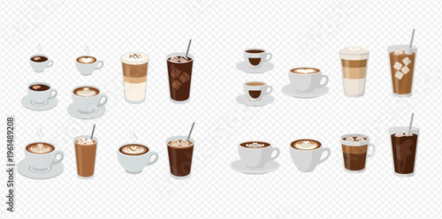 Collection of various coffee drinks, including espresso, cappuccino, latte, and iced coffee, served in different cups and glasses on a transparent background.