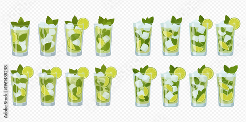 Set of refreshing mojito cocktails with mint, lime, and ice cubes, perfect for summer drinks and party beverages.