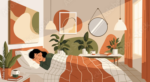 Woman relaxing in a cozy bedroom.