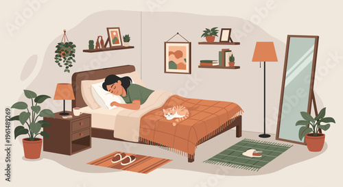 Woman sleeping peacefully in a cozy bedroom.