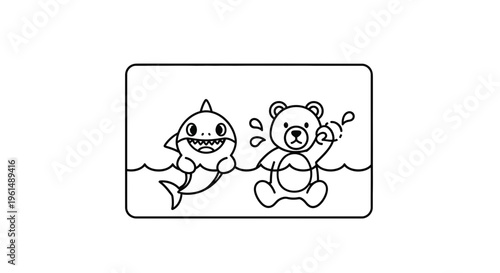 Charming line art illustration depicting a playful cartoon shark next to a splashing teddy bear in