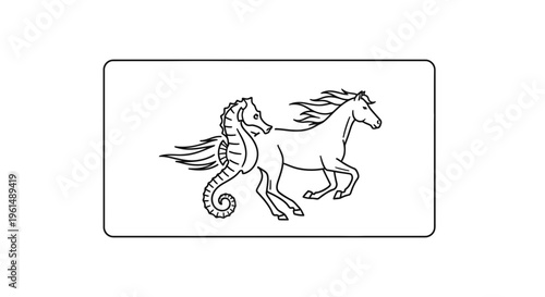 Dynamic black and white line art depicting a mythical hippocampus creature with flowing mane and