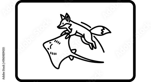 Whimsical line art illustration of a cunning fox leaping gracefully over an aquatic stingray