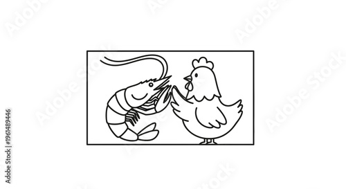 Whimsical barnyard and ocean creature encounter in playful cartoon line art drawing