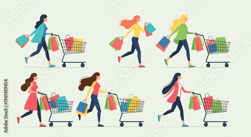 Women shopping with colorful carts and bags.