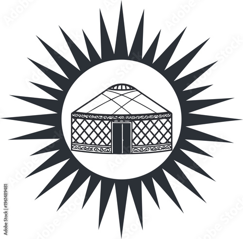 Traditional Mongolian Yurt Ger Icon With Decorative Sunburst Background Vector Minimalist Flat Design Element