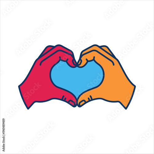Hands forming a heart shape with colorful outline.