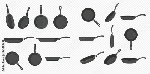 Set of Frying Pans in Various Angles and Perspectives on a Transparent Background.