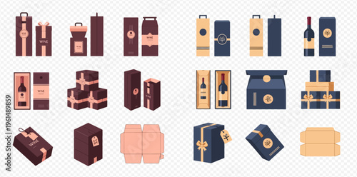Set of various packaging boxes and bags for gifts and bottles, including wine and champagne, in different styles and colors.