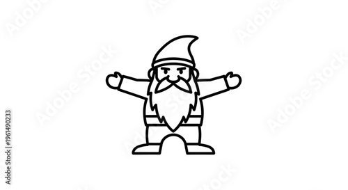 Charming animated forest gnome illustration with open arms in a friendly welcoming gesture on a