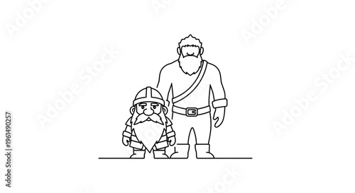 A charming line art illustration featuring a resilient dwarf and his steadfast companion standing
