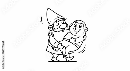 Whimsical line art portraying a cheerful forest guardian lovingly cradling a joyous infant figure