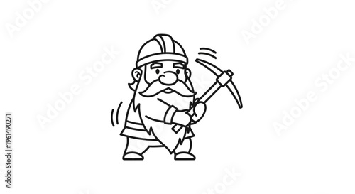 Charming cartoon miner character illustration with pickaxe and protective helmet ready for digging
