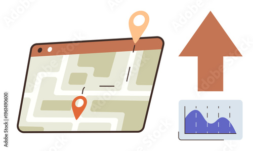 Navigation, data tracking, growth trends, analytics, location insights, progress indicators. A map with location pins, an arrow growth and a data chart. Navigation and data tracking concept