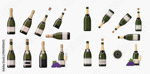 Champagne bottles set with various positions and corks popping, isolated on transparent background, for celebration and luxury concepts.