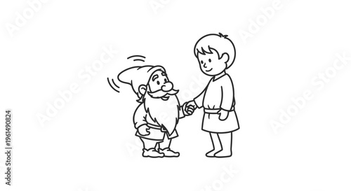 Whimsical cartoon illustration of a friendly gnome and smiling child shaking hands happily