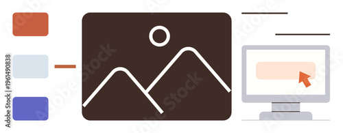 Digital design, photo editing, creativity, graphic design, color selection, visual media processing. Includes a color palette, visual of images and computer screen interface. Digital design