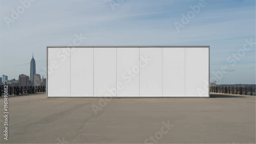 Blank large billboard on rooftop with city skyline in distance, sky background, blank canvas