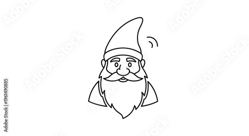 Minimalist outline drawing of a friendly fantasy creature featuring a distinctive long beard and hat